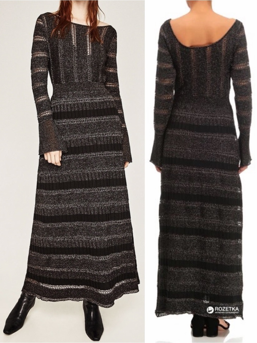ZARA KNITWEAR COLLECTION DRESS - BLACK & GOLD Sz. S Maxi Long Sleeve A-skirt